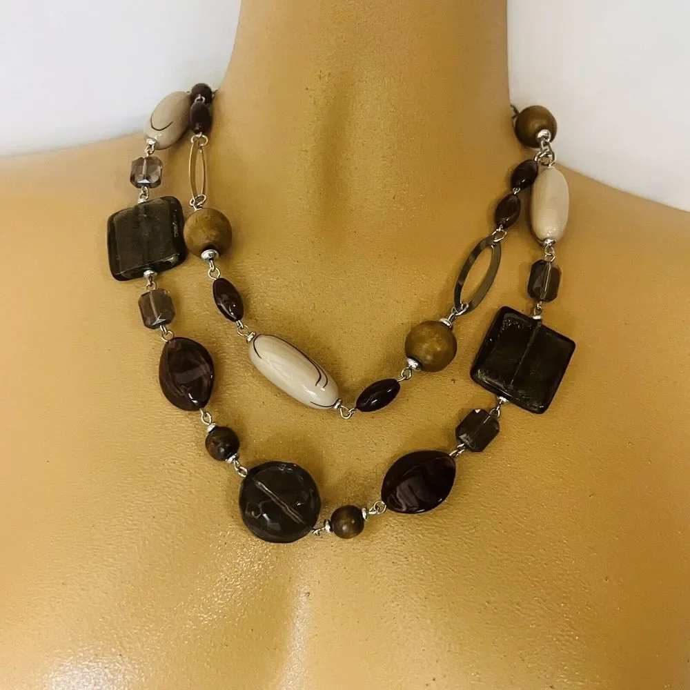Premier Designs  SABLE 2 Strand Necklace Earth Tones Chunky Beads Glass Resin